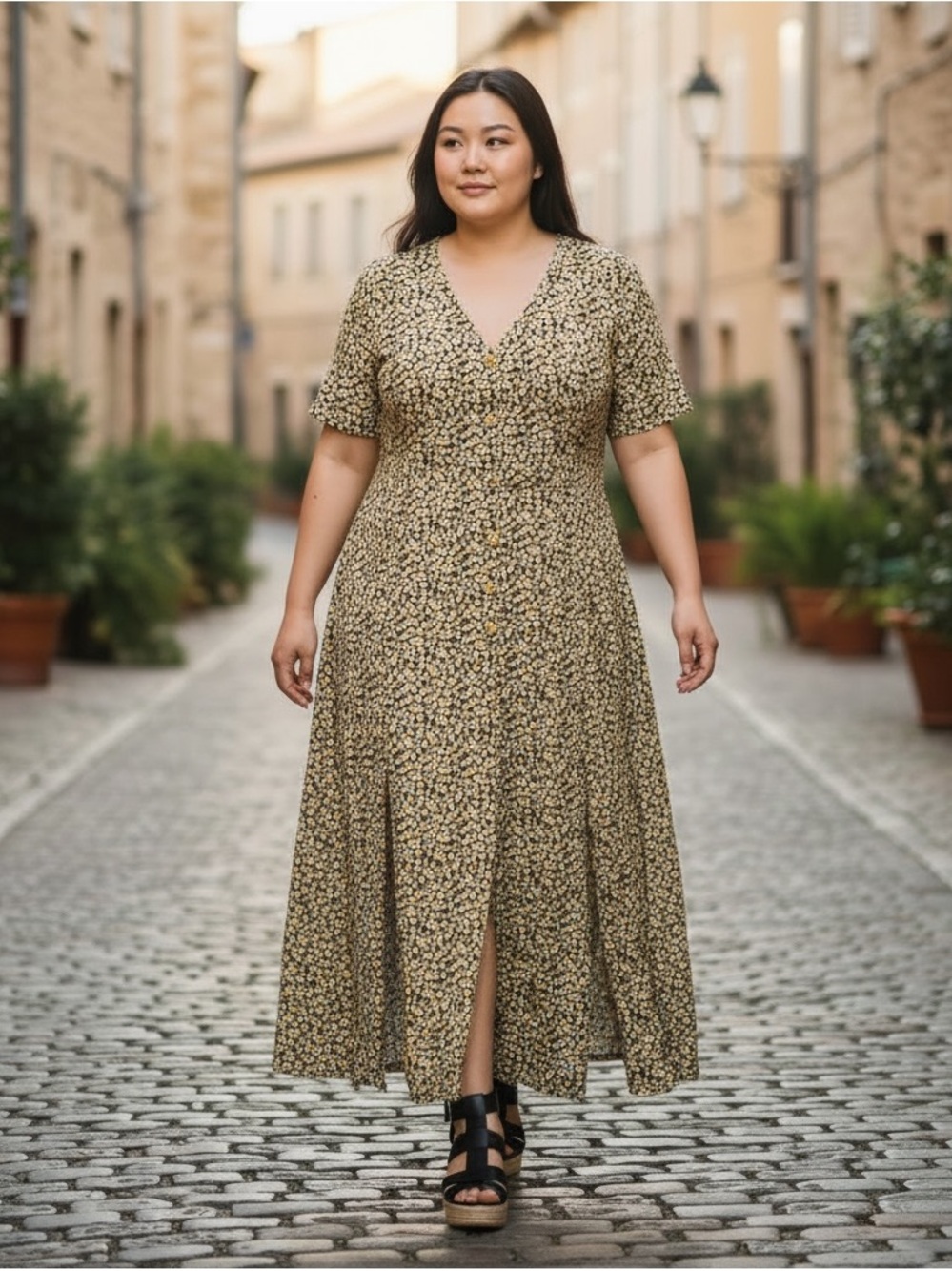ASOS Curve Yellow Daisy Floral Button-Front Stretch Knit Double Split Maxi Dress